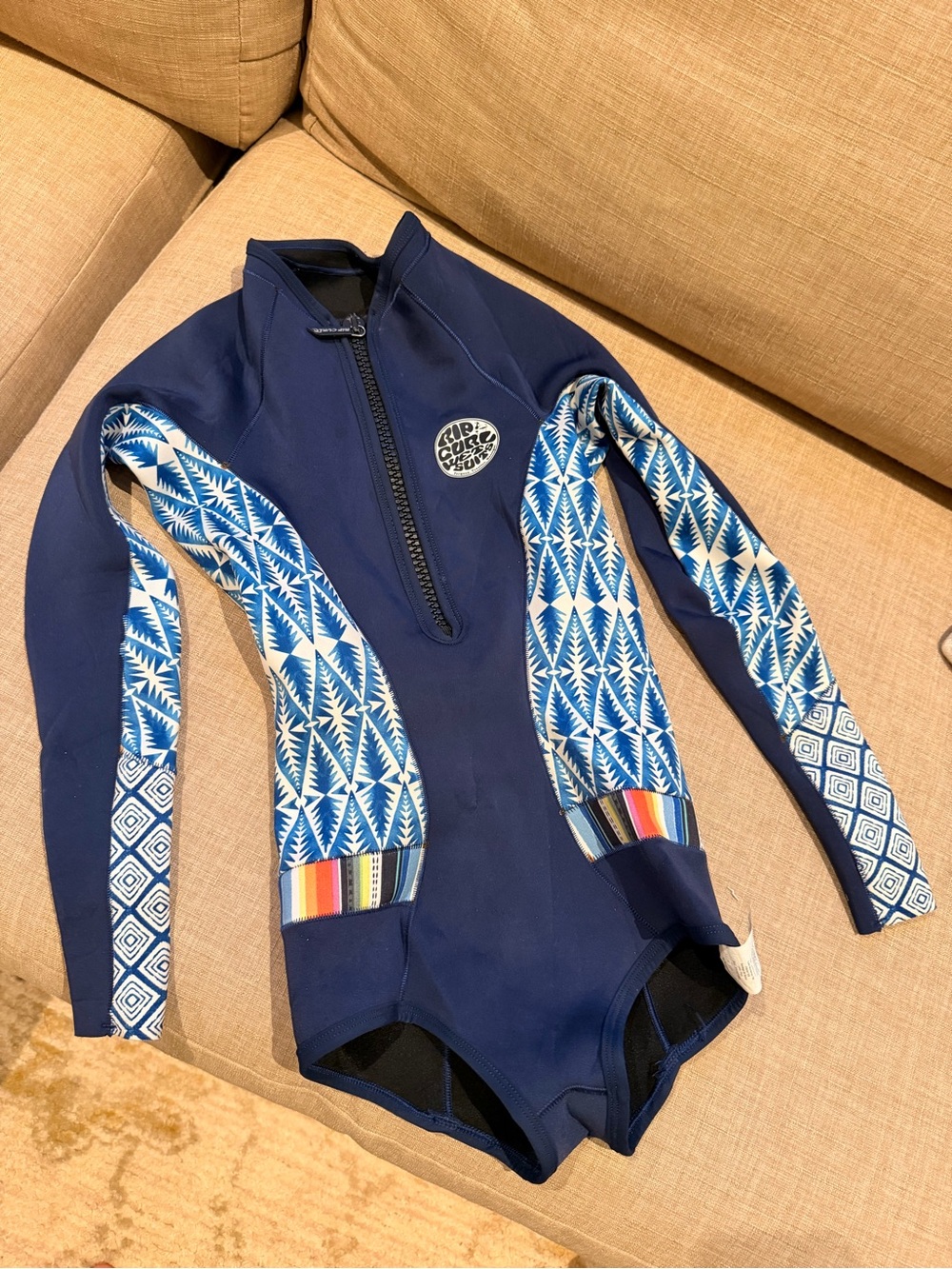 Rip Curl Navy and Blue Patterned Long Sleeve Swim Rashguard